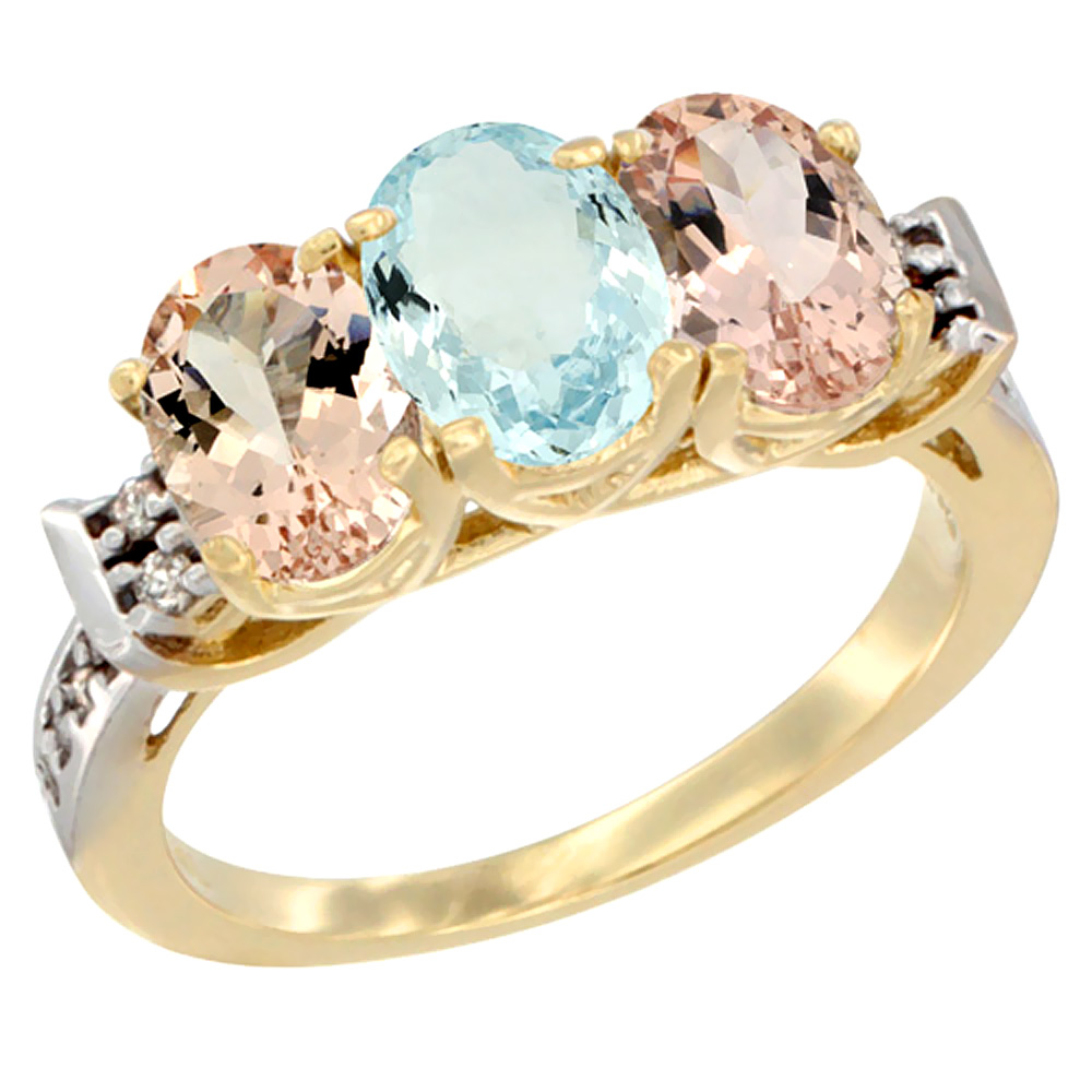 10K Yellow Gold Natural Aquamarine &amp; Morganite Sides Ring 3-Stone Oval 7x5 mm Diamond Accent, sizes 5 - 10