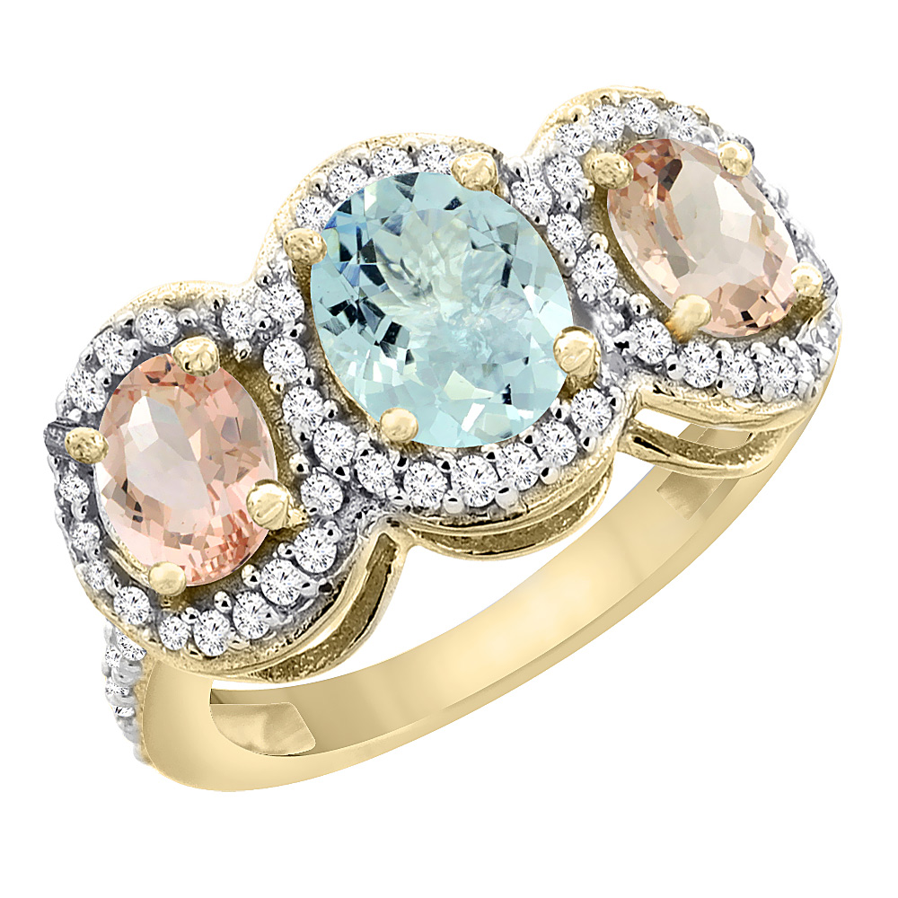 10K Yellow Gold Natural Aquamarine & Morganite 3-Stone Ring Oval Diamond Accent, sizes 5 - 10