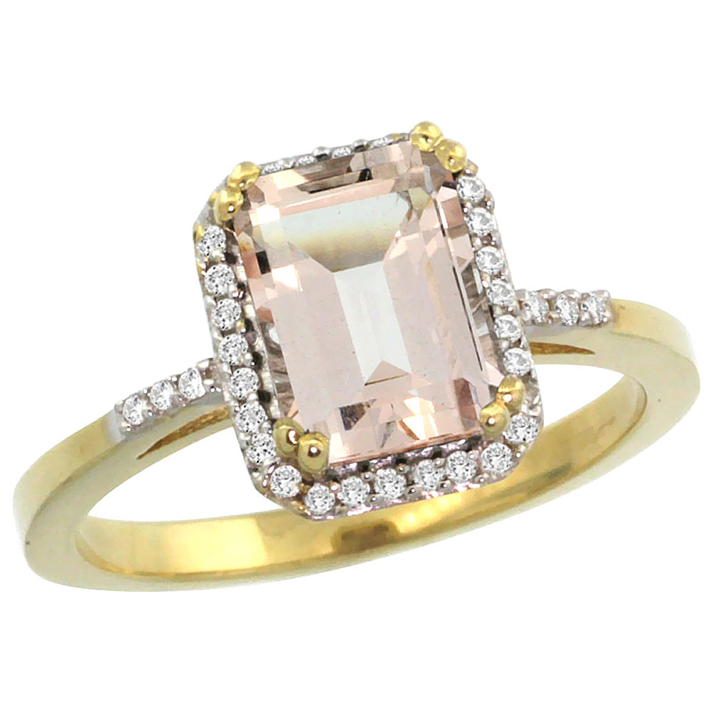 14K Yellow Gold Diamond Natural Morganite Ring Emerald-cut 8x6mm, sizes 5-10
