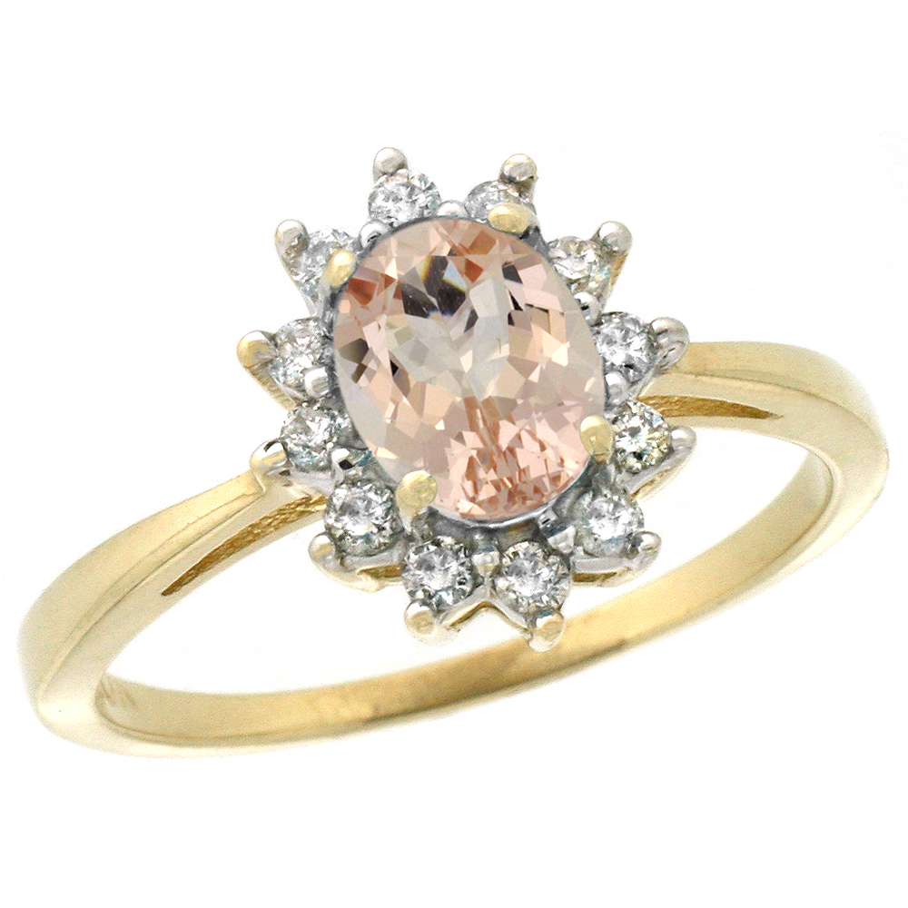 10k Yellow Gold Natural Morganite Engagement Ring Oval 7x5mm Diamond Halo, sizes 5-10