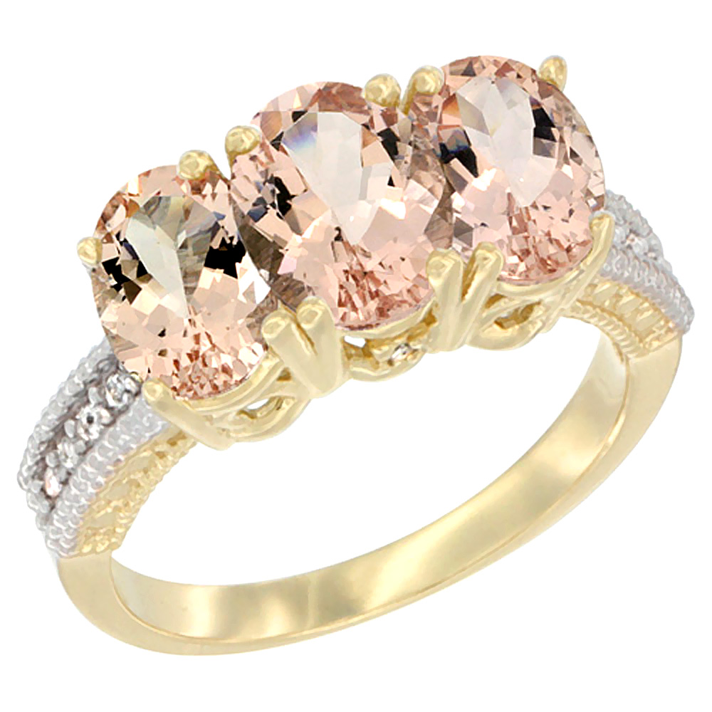 14K Yellow Gold Natural Morganite Ring 3-Stone Oval 7x5 mm Diamond Accent, sizes 5 - 10