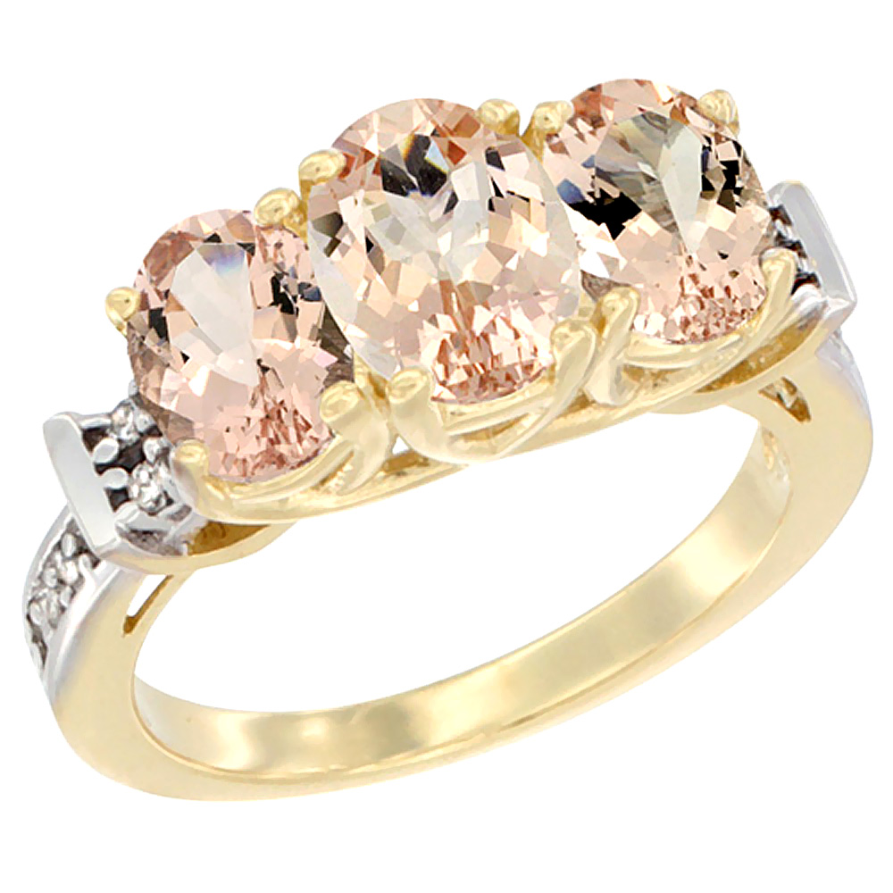 14K Yellow Gold Natural Morganite Ring 3-Stone Oval Diamond Accent, sizes 5 - 10