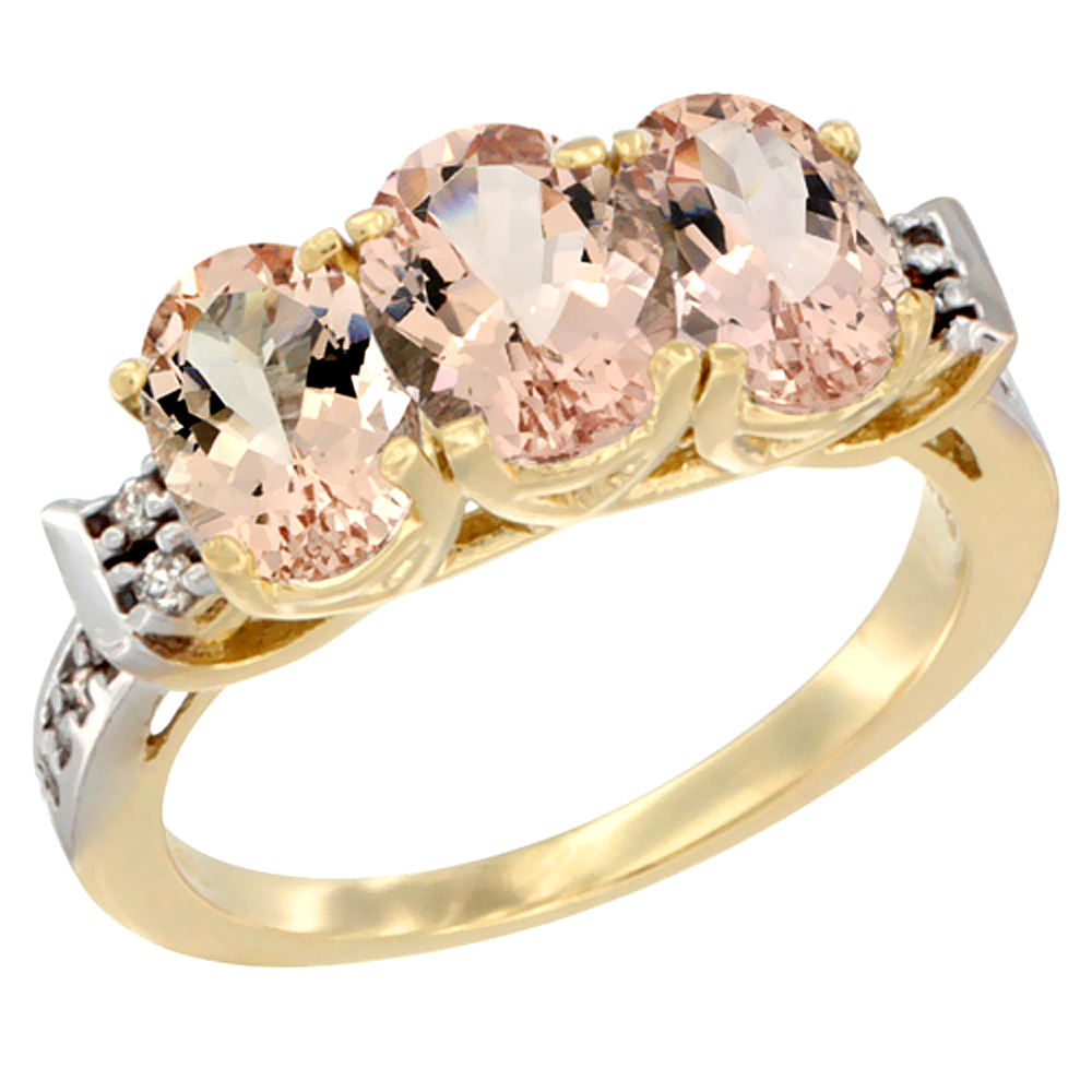 10K Yellow Gold Natural Morganite Ring 3-Stone Oval 7x5 mm Diamond Accent, sizes 5 - 10