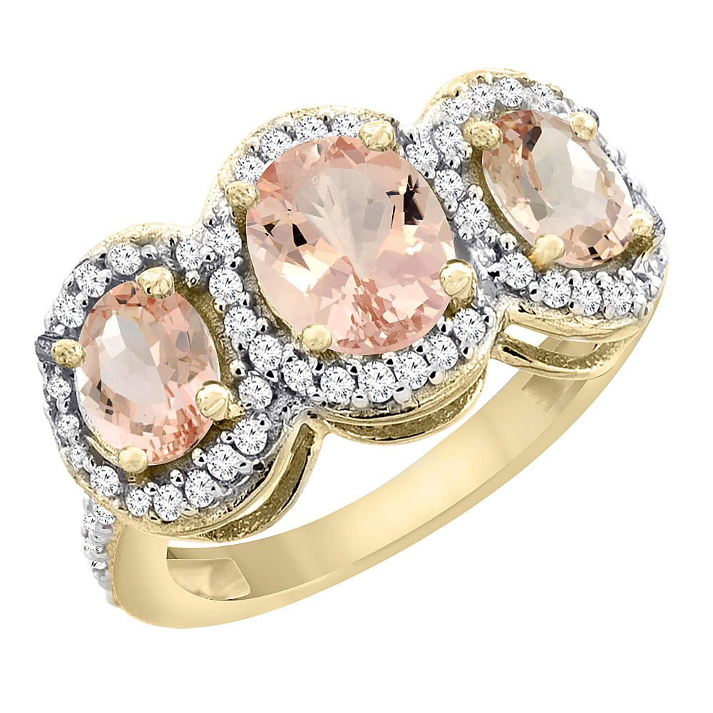 10K Yellow Gold Natural Morganite 3-Stone Ring Oval Diamond Accent, sizes 5 - 10