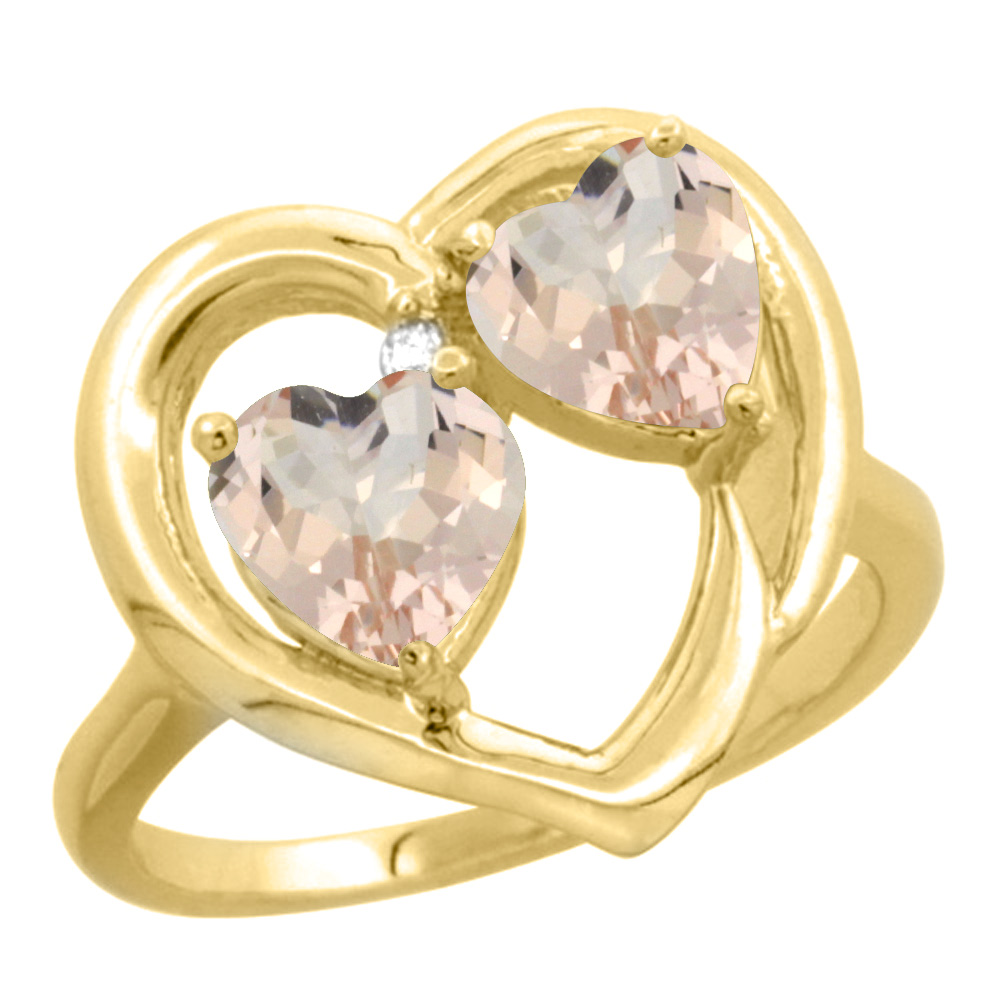 10K Yellow Gold Diamond Two-stone Heart Ring 6mm Natural Morganite, sizes 5-10