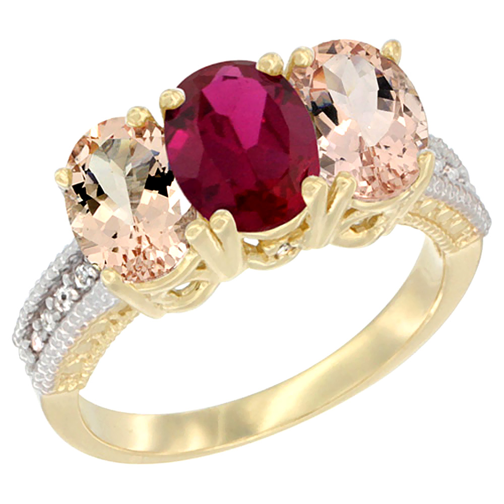 14K Yellow Gold Enhanced Enhanced Ruby & Natural Morganite Sides Ring 3-Stone Oval 7x5 mm Diamond Accent, sizes 5 - 10