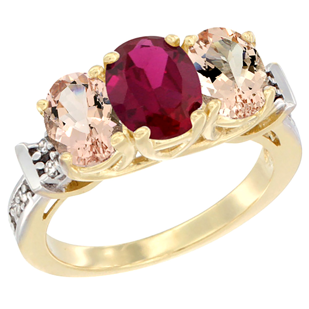 10K Yellow Gold Enhanced Ruby & Morganite Sides Ring 3-Stone Oval Diamond Accent, sizes 5 - 10