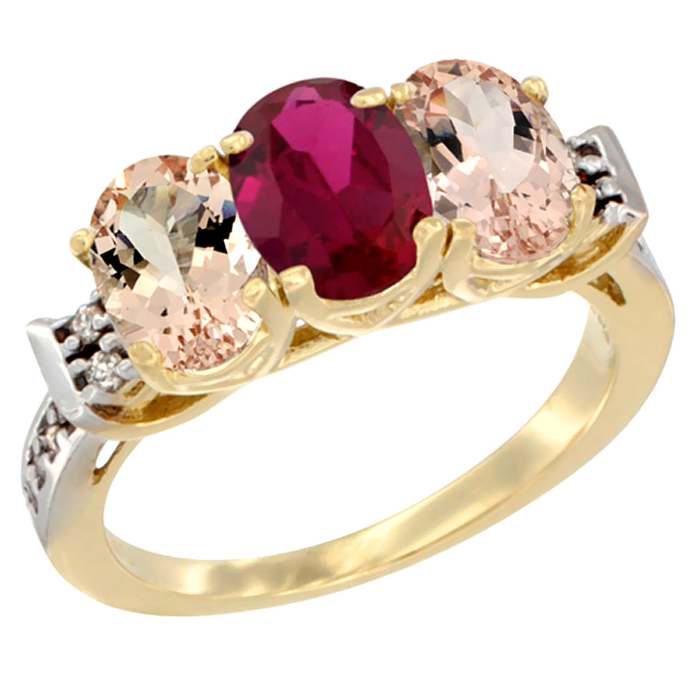 10K Yellow Gold Enhanced Ruby & Natural Morganite Sides Ring 3-Stone Oval 7x5 mm Diamond Accent, sizes 5 - 10