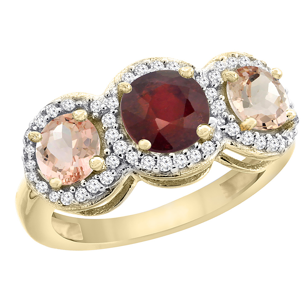 10K Yellow Gold Enhanced Ruby &amp; Morganite Sides Round 3-stone Ring Diamond Accents, sizes 5 - 10