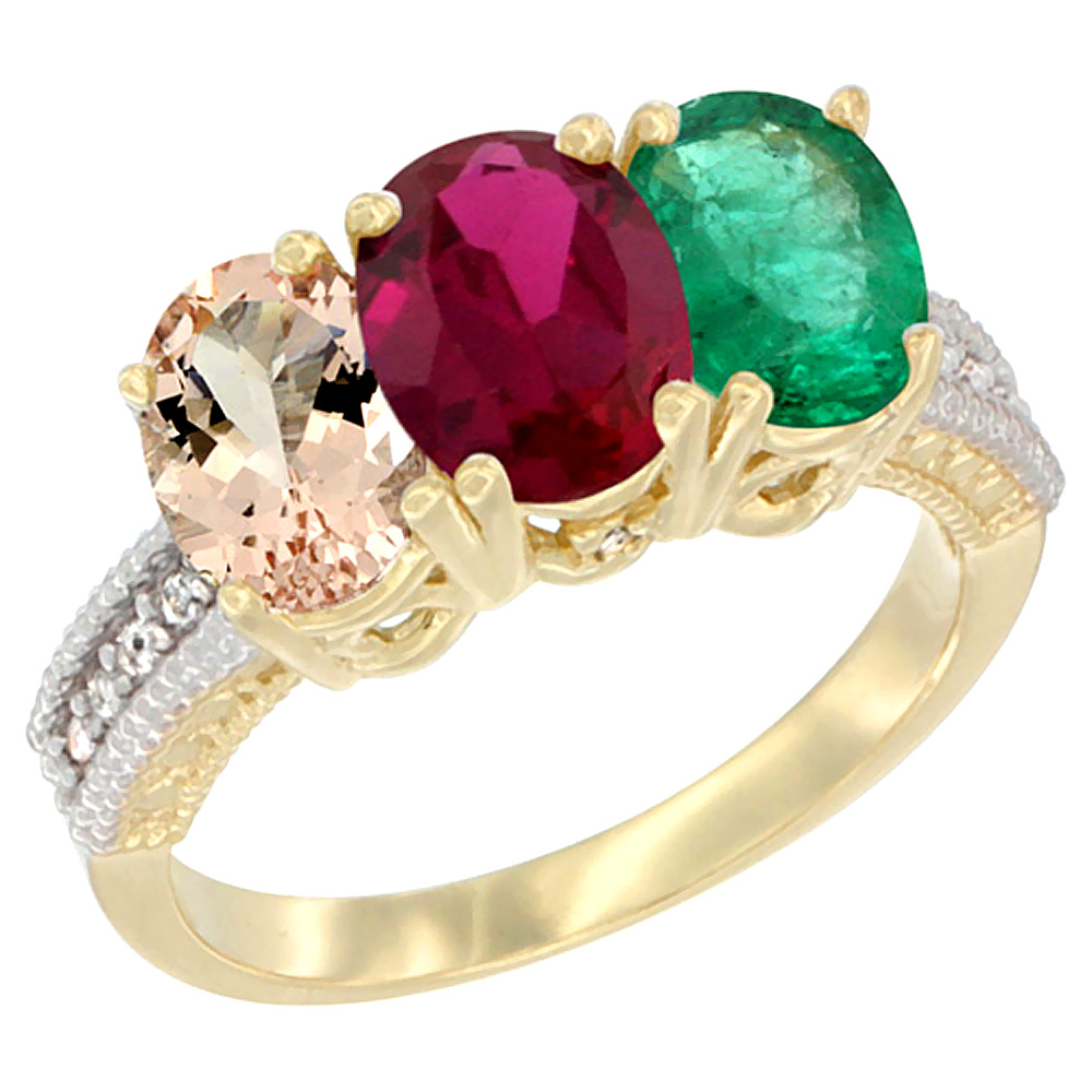 10K Yellow Gold Natural Morganite, Enhanced Ruby & Emerald Ring 3-Stone Oval 7x5 mm, sizes 5 - 10