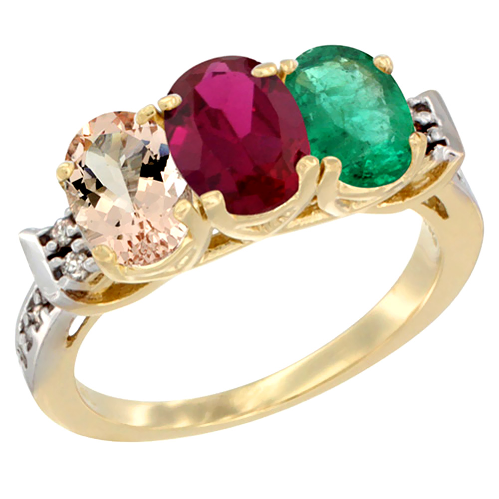 10K Yellow Gold Natural Morganite, Enhanced Ruby &amp; Natural Emerald Ring 3-Stone Oval 7x5 mm Diamond Accent, sizes 5 - 10