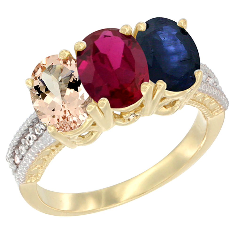 10K Yellow Gold Natural Morganite, Enhanced Ruby &amp; Blue Sapphire Ring 3-Stone Oval 7x5 mm, sizes 5 - 10