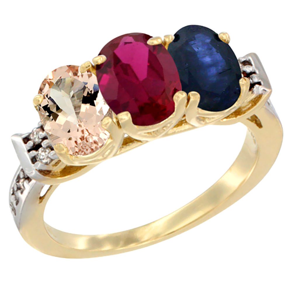 10K Yellow Gold Natural Morganite, Enhanced Ruby & Natural Blue Sapphire Ring 3-Stone Oval 7x5 mm Diamond Accent, sizes 5 - 10
