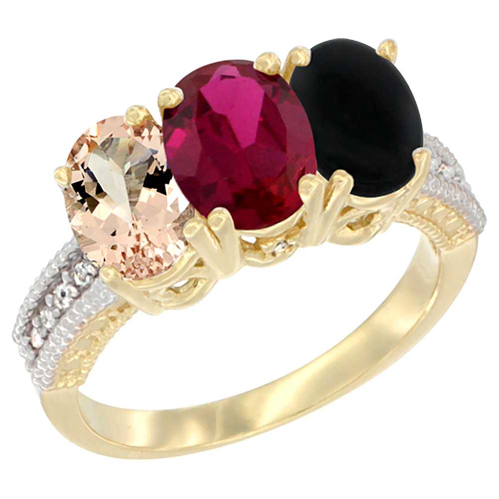 14K Yellow Gold Natural Morganite, Enhanced Ruby &amp; Natural Black Onyx Ring 3-Stone Oval 7x5 mm Diamond Accent, sizes 5 - 10
