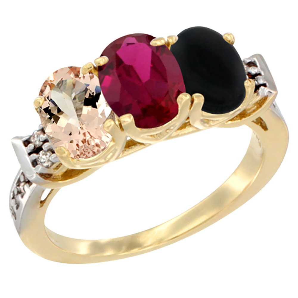 10K Yellow Gold Natural Morganite, Enhanced Ruby & Natural Black Onyx Ring 3-Stone Oval 7x5 mm Diamond Accent, sizes 5 - 10