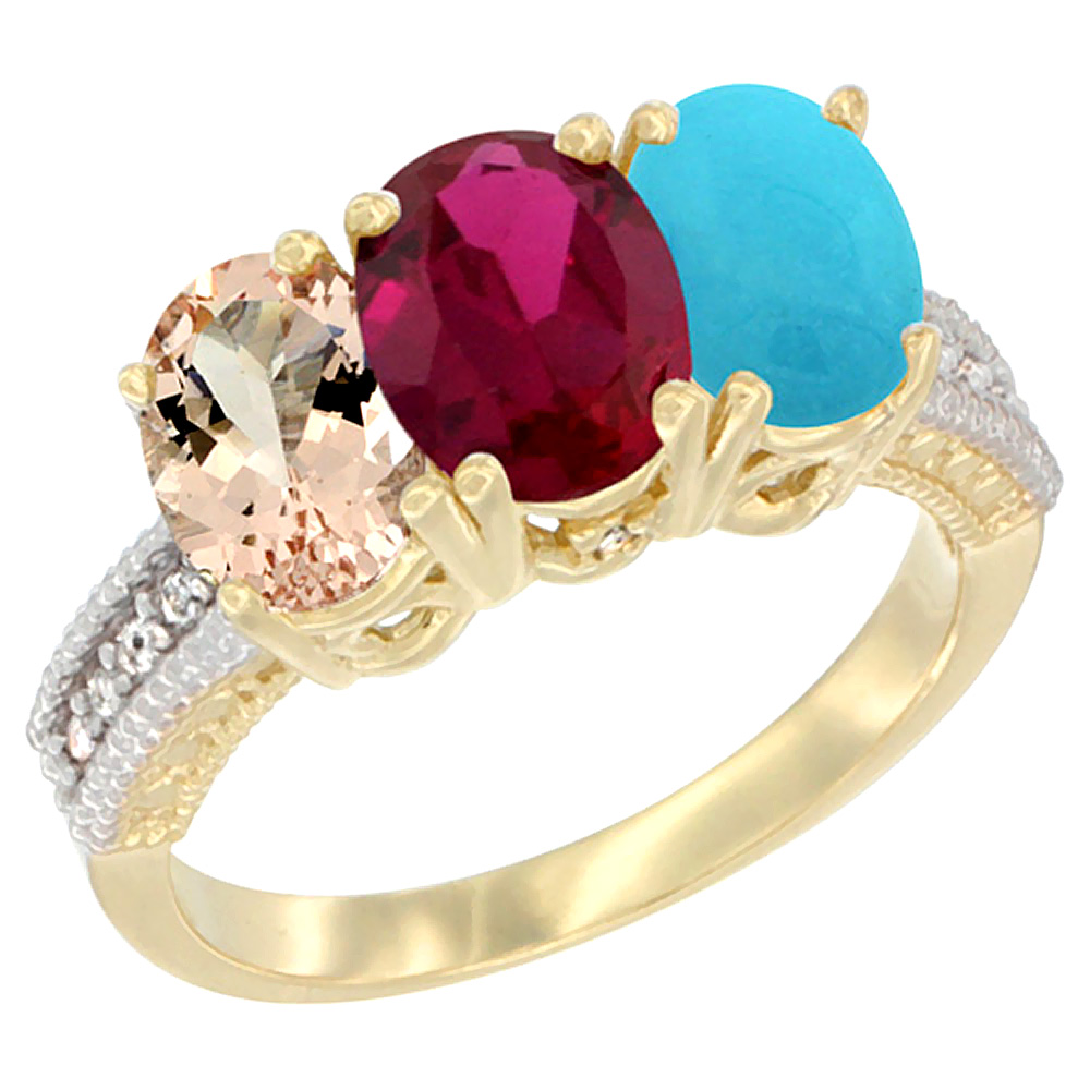 14K Yellow Gold Natural Morganite, Enhanced Ruby &amp; Natural Turquoise Ring 3-Stone Oval 7x5 mm Diamond Accent, sizes 5 - 10