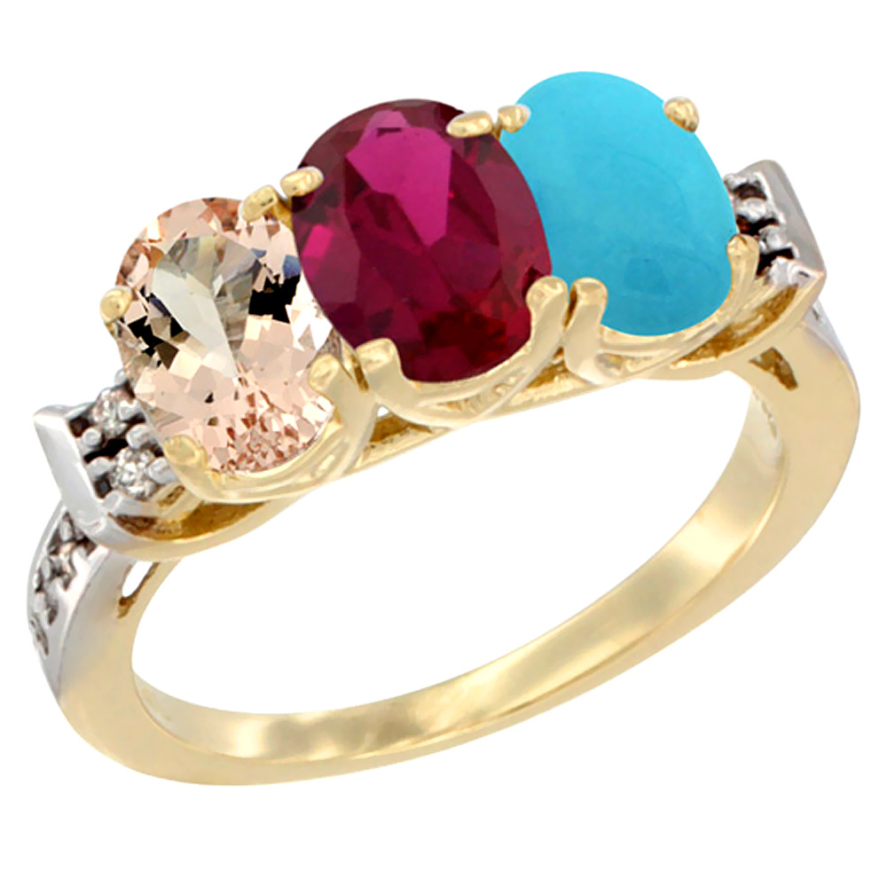14K Yellow Gold Natural Morganite, Enhanced Ruby &amp; Natural Turquoise Ring 3-Stone Oval 7x5 mm Diamond Accent, sizes 5 - 10