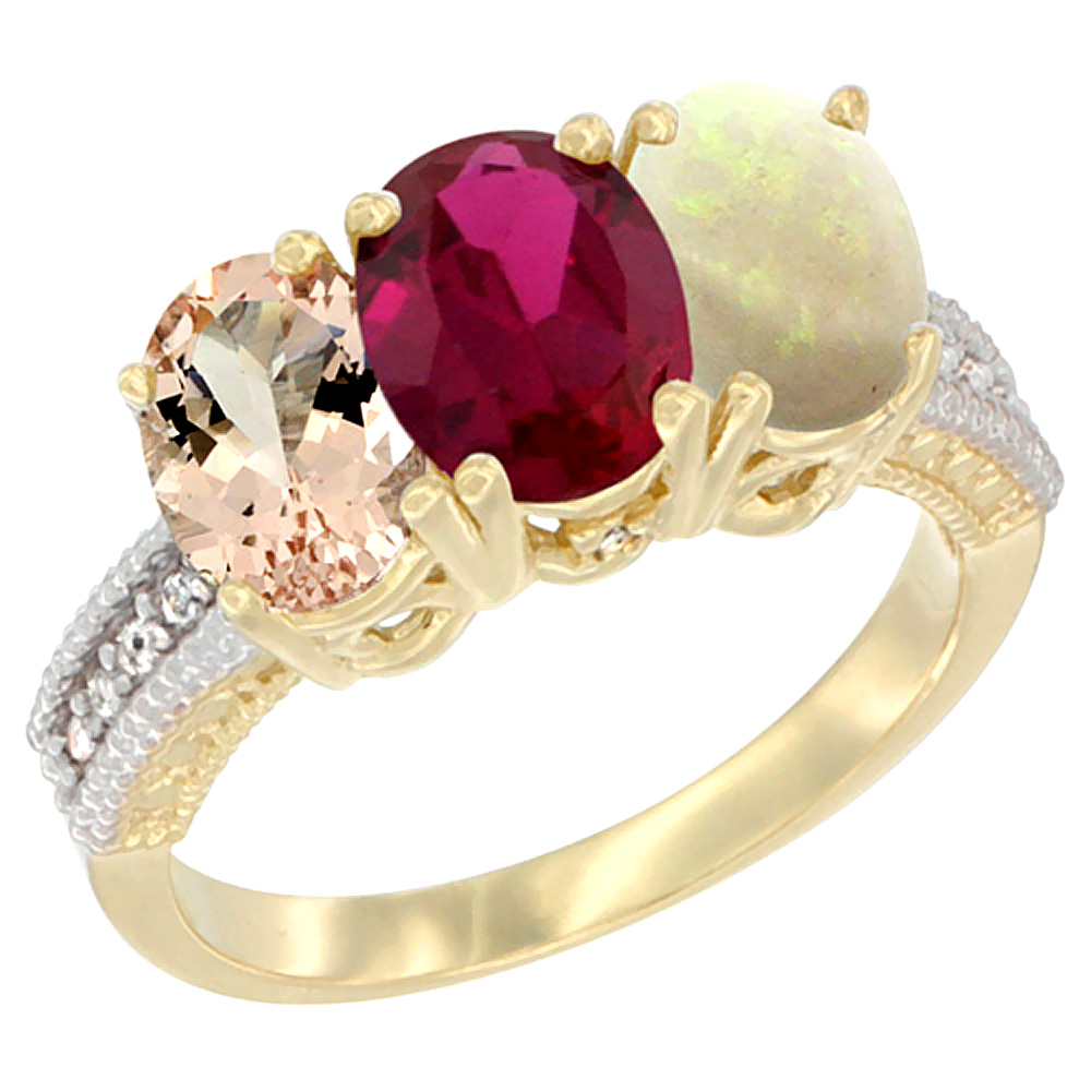 10K Yellow Gold Natural Morganite, Enhanced Ruby & Opal Ring 3-Stone Oval 7x5 mm, sizes 5 - 10