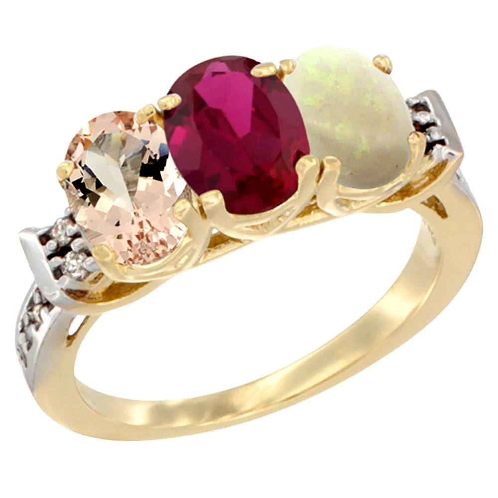 10K Yellow Gold Natural Morganite, Enhanced Ruby & Natural Opal Ring 3-Stone Oval 7x5 mm Diamond Accent, sizes 5 - 10