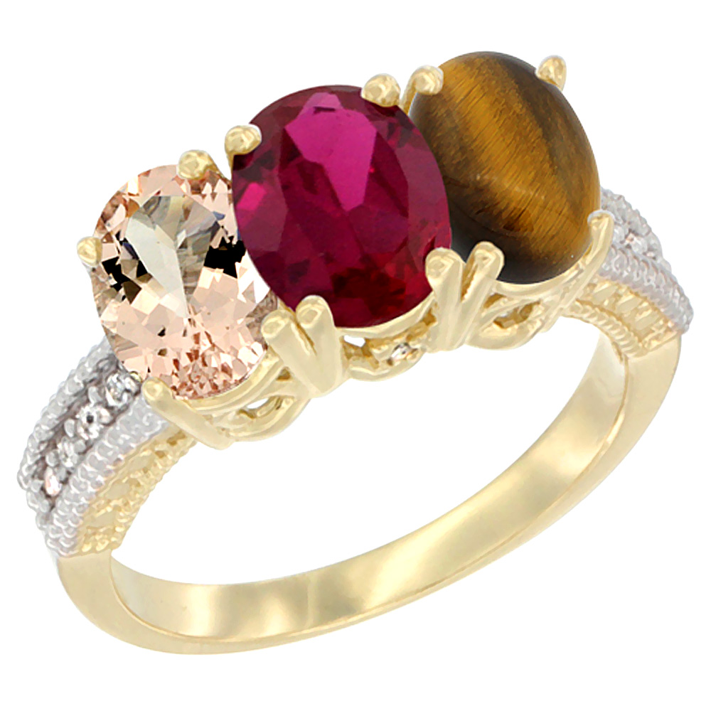 10K Yellow Gold Natural Morganite, Enhanced Ruby &amp; Tiger Eye Ring 3-Stone Oval 7x5 mm, sizes 5 - 10