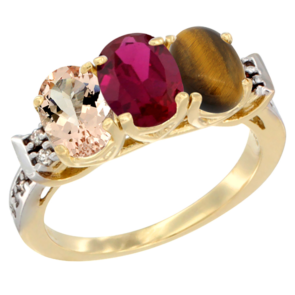 10K Yellow Gold Natural Morganite, Enhanced Ruby & Natural Tiger Eye Ring 3-Stone Oval 7x5 mm Diamond Accent, sizes 5 - 10