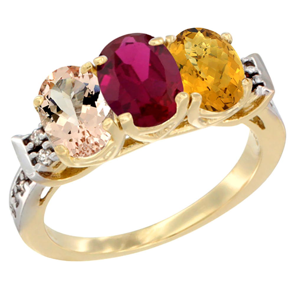 10K Yellow Gold Natural Morganite, Enhanced Ruby & Natural Whisky Quartz Ring 3-Stone Oval 7x5 mm Diamond Accent, sizes 5 - 10