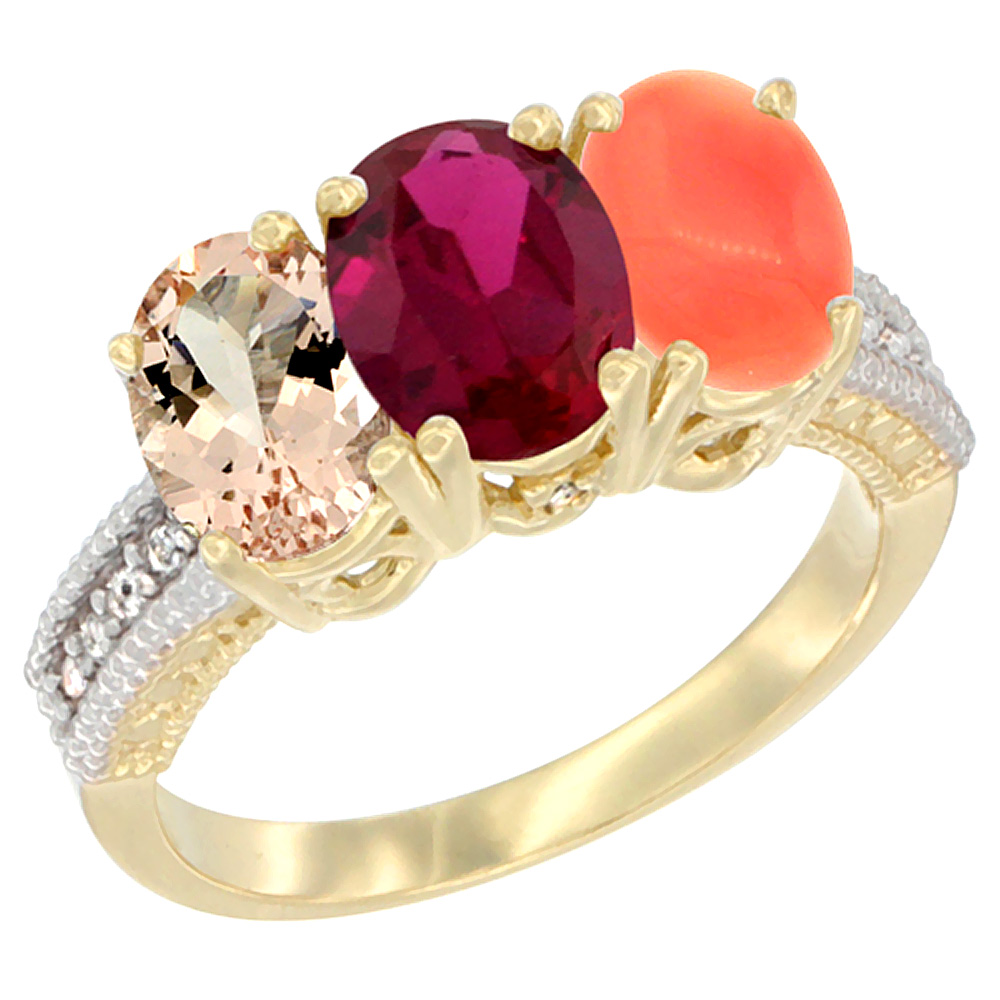10K Yellow Gold Natural Morganite, Enhanced Ruby & Coral Ring 3-Stone Oval 7x5 mm, sizes 5 - 10
