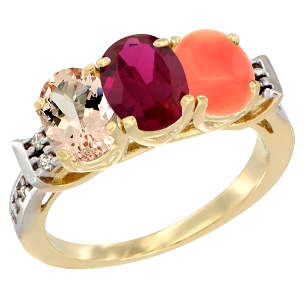 10K Yellow Gold Natural Morganite, Enhanced Ruby & Natural Coral Ring 3-Stone Oval 7x5 mm Diamond Accent, sizes 5 - 10