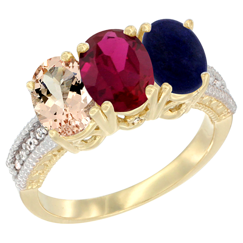 14K Yellow Gold Natural Morganite, Enhanced Ruby & Natural Lapis Ring 3-Stone Oval 7x5 mm Diamond Accent, sizes 5 - 10