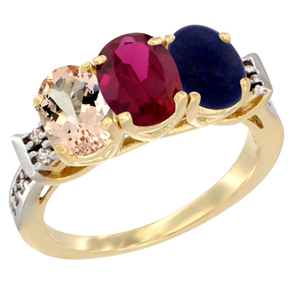 10K Yellow Gold Natural Morganite, Enhanced Ruby & Natural Lapis Ring 3-Stone Oval 7x5 mm Diamond Accent, sizes 5 - 10