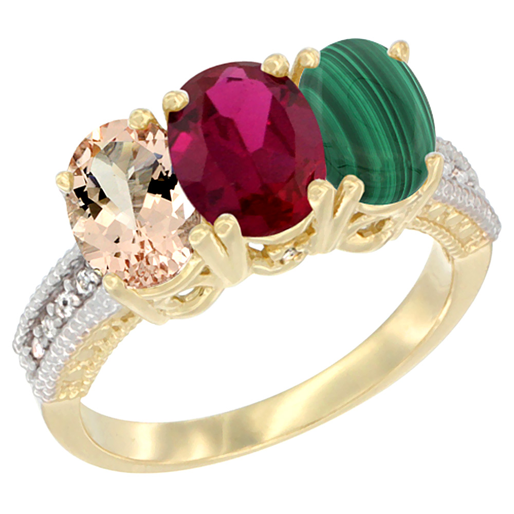 14K Yellow Gold Natural Morganite, Enhanced Ruby & Natural Malachite Ring 3-Stone Oval 7x5 mm Diamond Accent, sizes 5 - 10