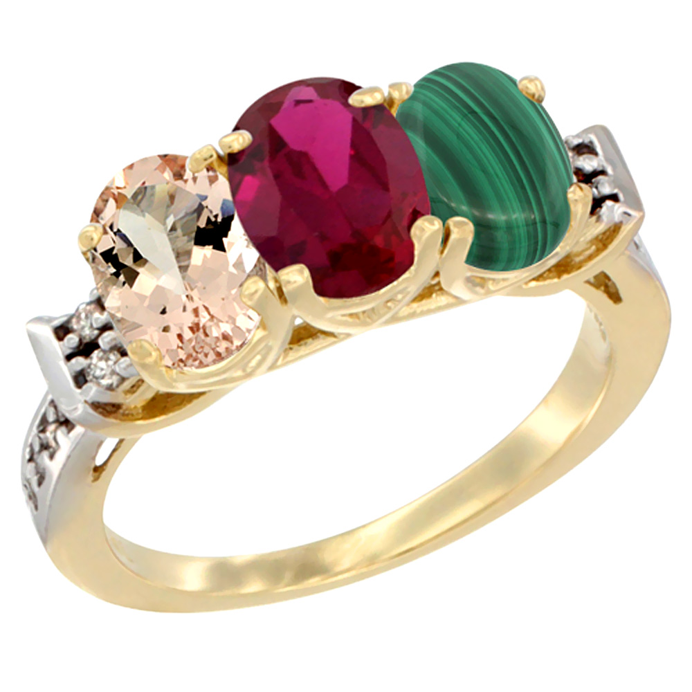 14K Yellow Gold Natural Morganite, Enhanced Ruby &amp; Natural Malachite Ring 3-Stone Oval 7x5 mm Diamond Accent, sizes 5 - 10