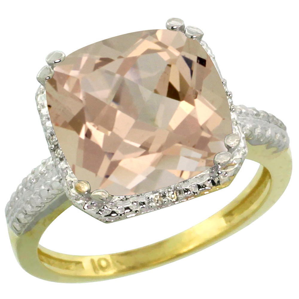 10K Yellow Gold Diamond Natural Morganite Ring Cushion-cut 11x11mm, sizes 5-10
