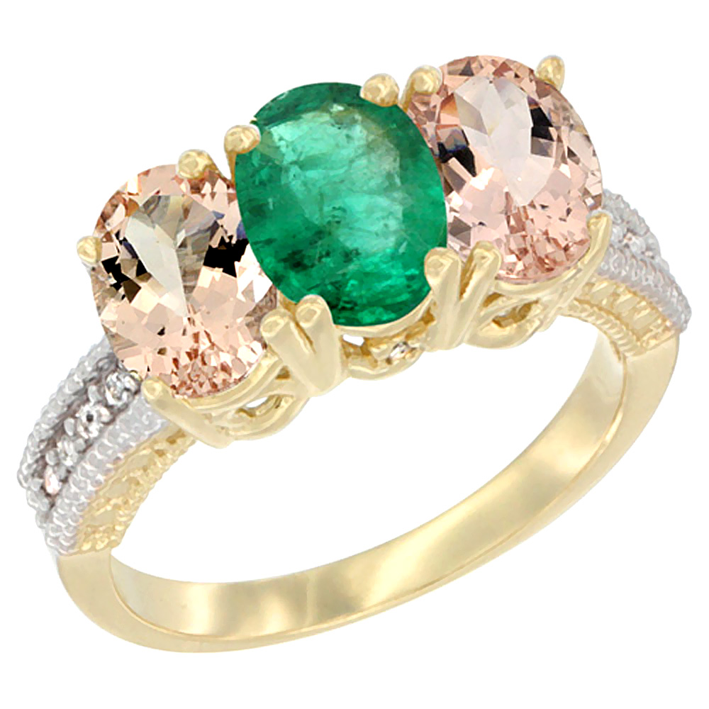 14K Yellow Gold Natural Emerald &amp; Morganite Sides Ring 3-Stone Oval 7x5 mm Diamond Accent, sizes 5 - 10