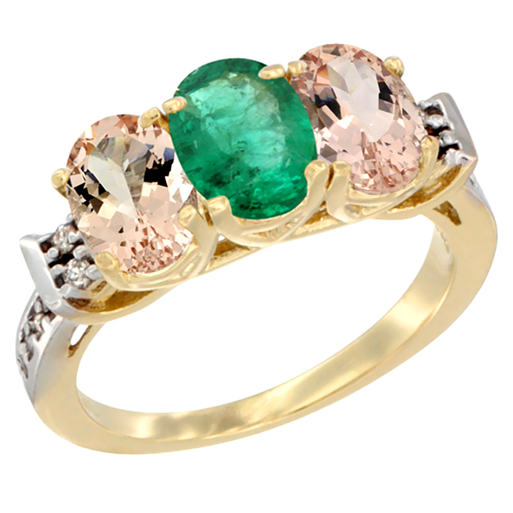 10K Yellow Gold Natural Emerald & Morganite Sides Ring 3-Stone Oval 7x5 mm Diamond Accent, sizes 5 - 10
