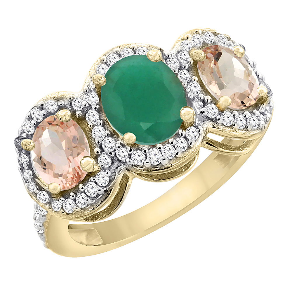 14K Yellow Gold Natural Cabochon Emerald &amp; Morganite 3-Stone Ring Oval Diamond Accent, sizes 5 - 10