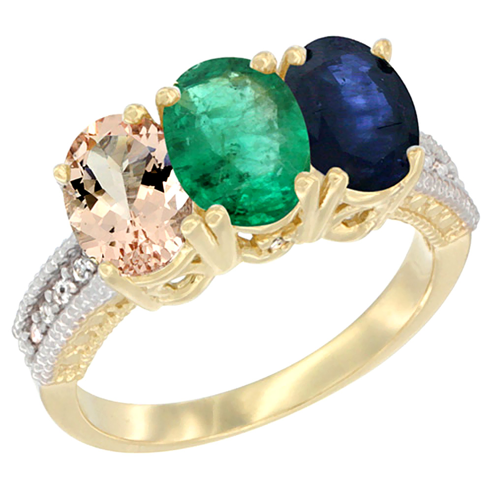 14K Yellow Gold Natural Morganite, Emerald &amp; Blue Sapphire Ring 3-Stone Oval 7x5 mm Diamond Accent, sizes 5 - 10