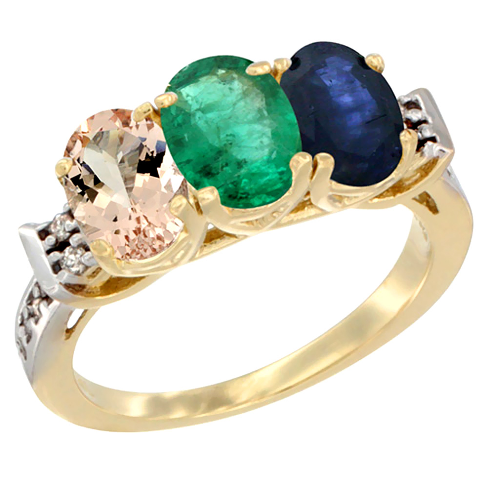 10K Yellow Gold Natural Morganite, Emerald &amp; Blue Sapphire Ring 3-Stone Oval 7x5 mm Diamond Accent, sizes 5 - 10