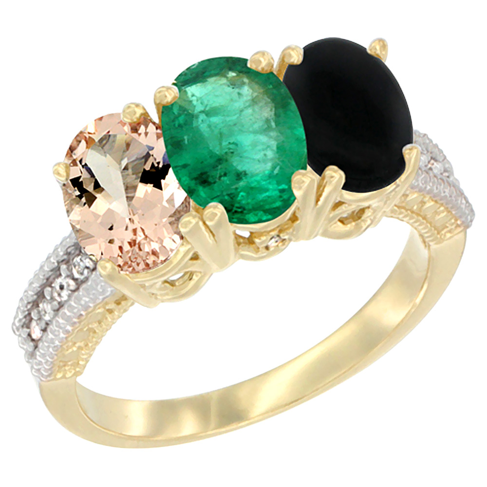 14K Yellow Gold Natural Morganite, Emerald &amp; Black Onyx Ring 3-Stone Oval 7x5 mm Diamond Accent, sizes 5 - 10