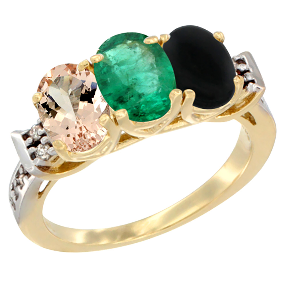 14K Yellow Gold Natural Morganite, Emerald &amp; Black Onyx Ring 3-Stone Oval 7x5 mm Diamond Accent, sizes 5 - 10