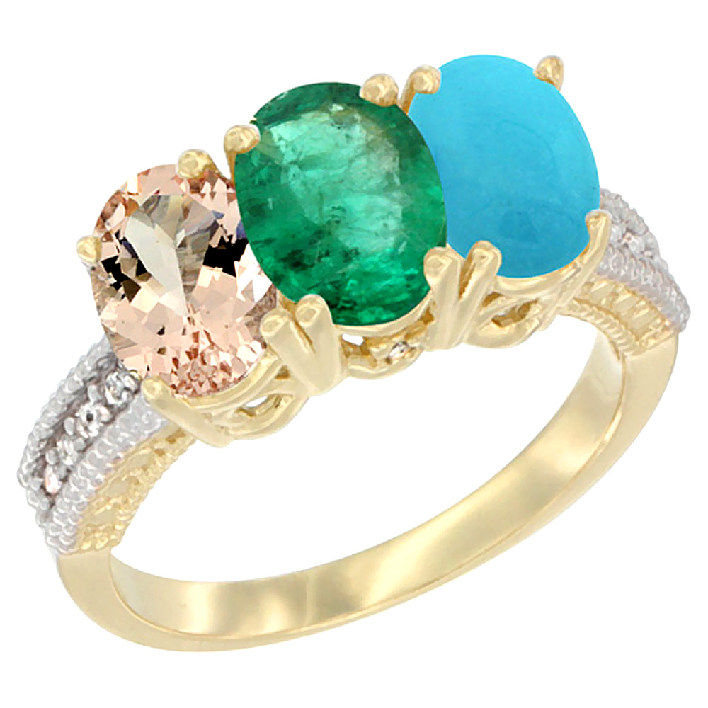 10K Yellow Gold Natural Morganite, Emerald &amp; Turquoise Ring 3-Stone Oval 7x5 mm, sizes 5 - 10