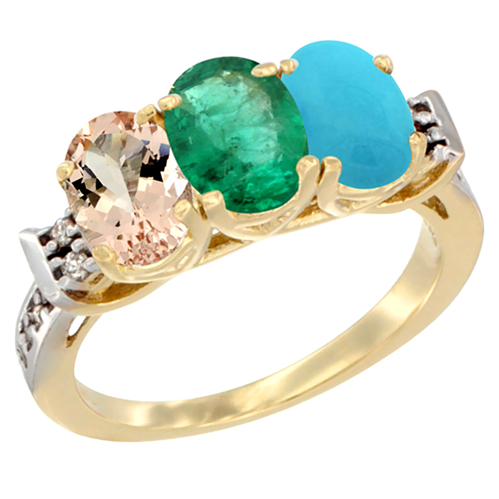 10K Yellow Gold Natural Morganite, Emerald & Turquoise Ring 3-Stone Oval 7x5 mm Diamond Accent, sizes 5 - 10