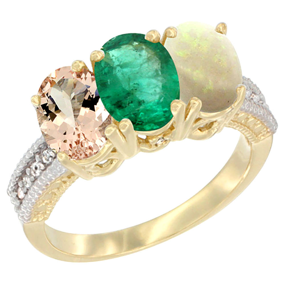 14K Yellow Gold Natural Morganite, Emerald & Opal Ring 3-Stone Oval 7x5 mm Diamond Accent, sizes 5 - 10