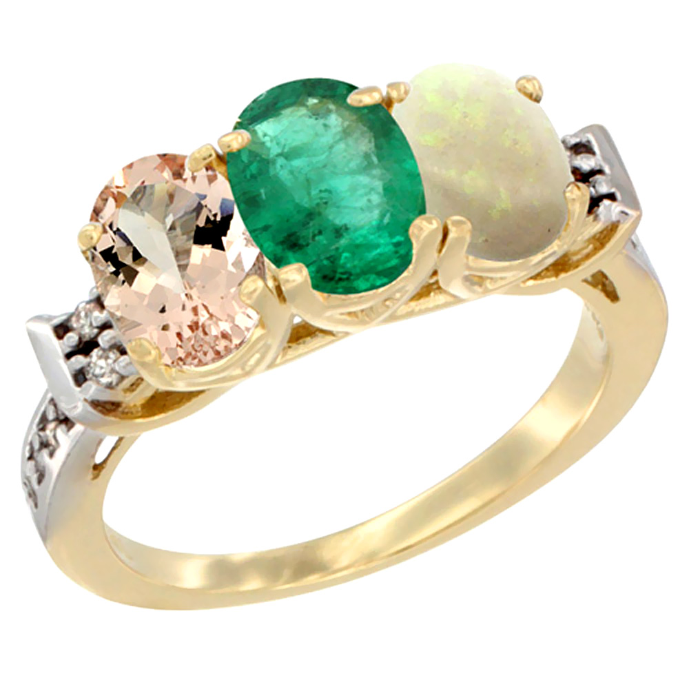 14K Yellow Gold Natural Morganite, Emerald & Opal Ring 3-Stone Oval 7x5 mm Diamond Accent, sizes 5 - 10