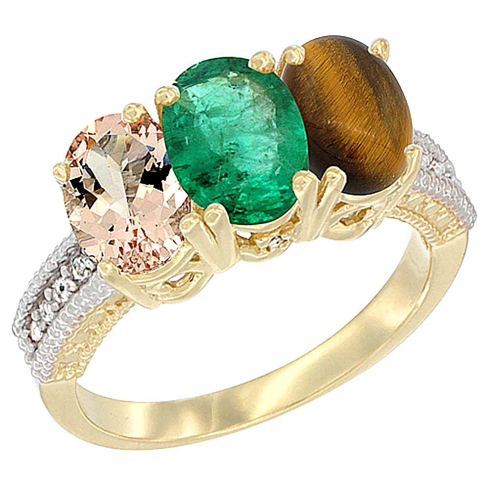 14K Yellow Gold Natural Morganite, Emerald &amp; Tiger Eye Ring 3-Stone Oval 7x5 mm Diamond Accent, sizes 5 - 10