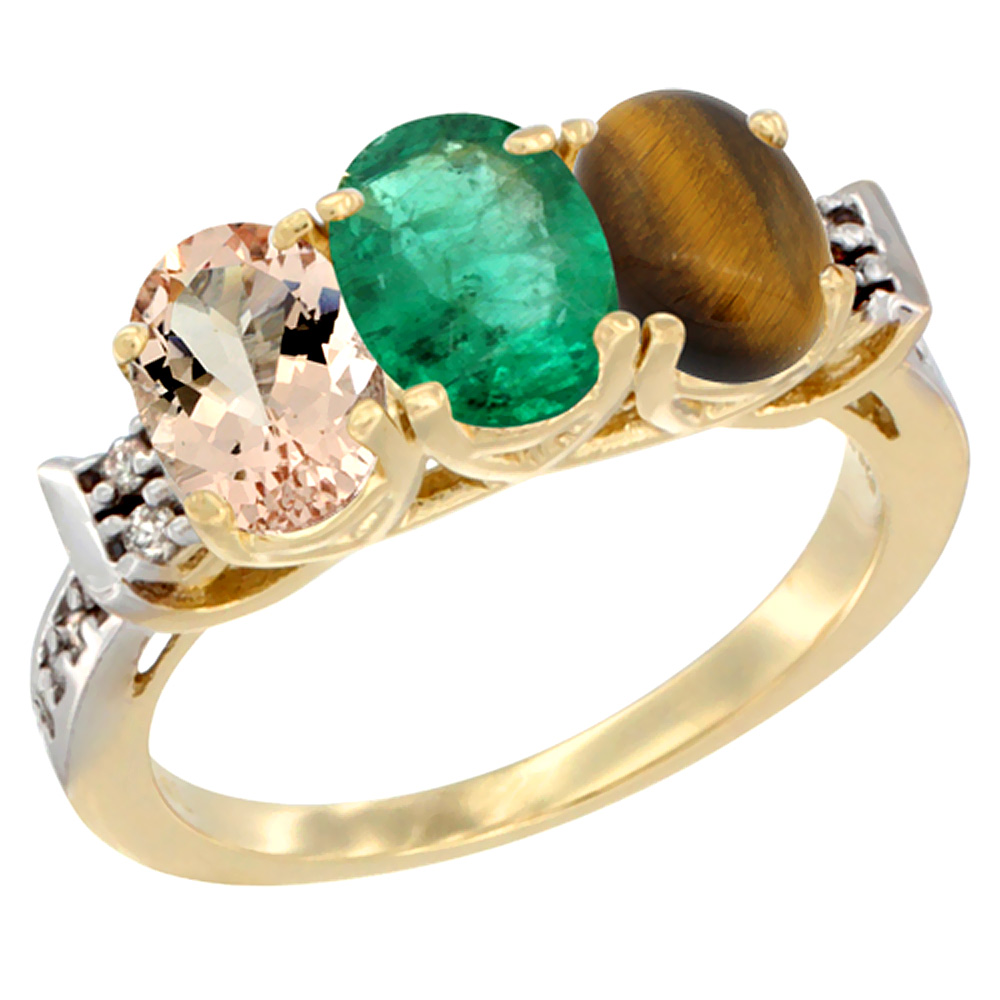 10K Yellow Gold Natural Morganite, Emerald & Tiger Eye Ring 3-Stone Oval 7x5 mm Diamond Accent, sizes 5 - 10