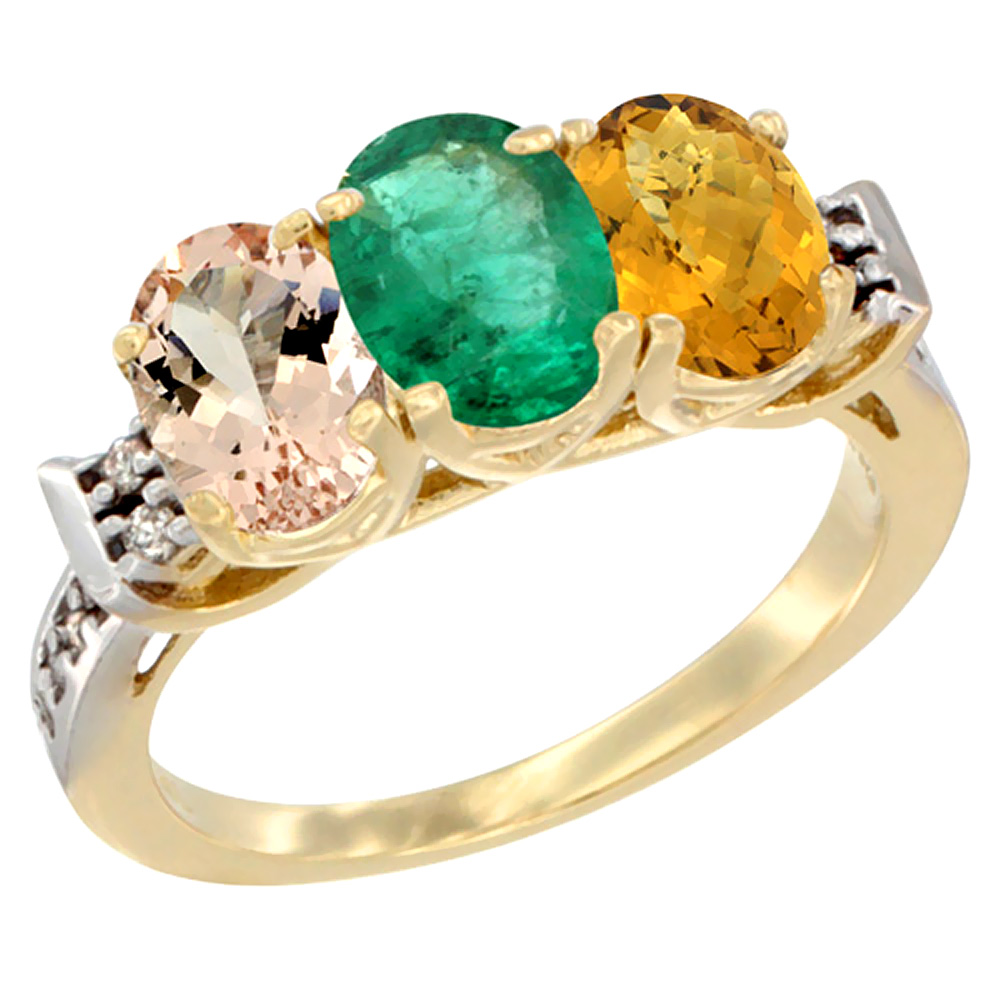 14K Yellow Gold Natural Morganite, Emerald &amp; Whisky Quartz Ring 3-Stone Oval 7x5 mm Diamond Accent, sizes 5 - 10