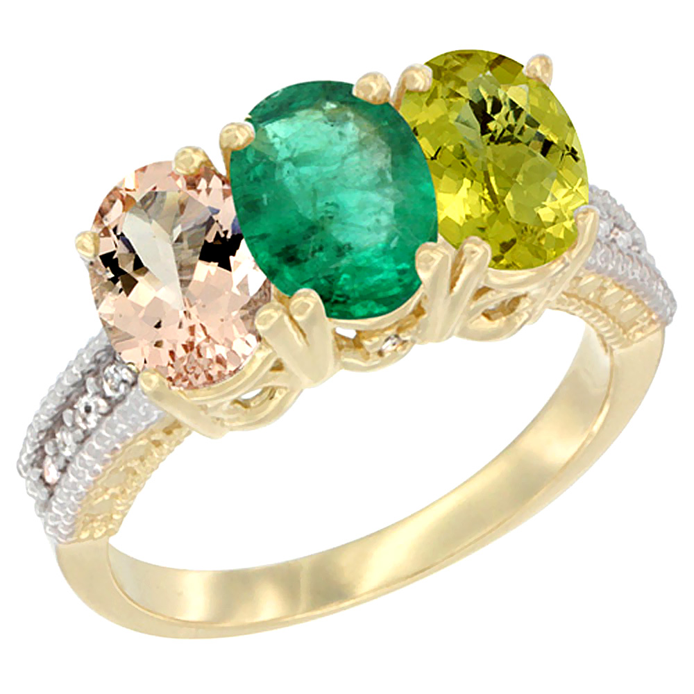 10K Yellow Gold Natural Morganite, Emerald &amp; Lemon Quartz Ring 3-Stone Oval 7x5 mm, sizes 5 - 10