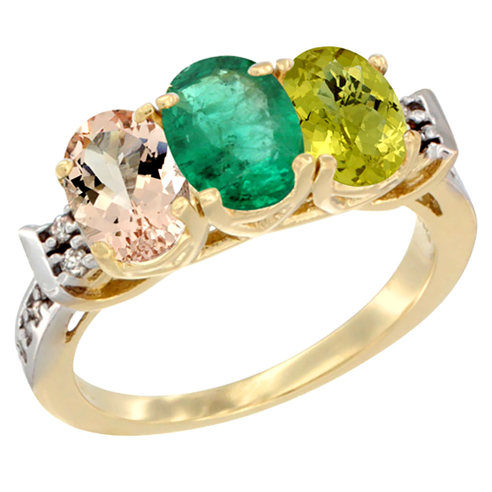 14K Yellow Gold Natural Morganite, Emerald & Lemon Quartz Ring 3-Stone Oval 7x5 mm Diamond Accent, sizes 5 - 10