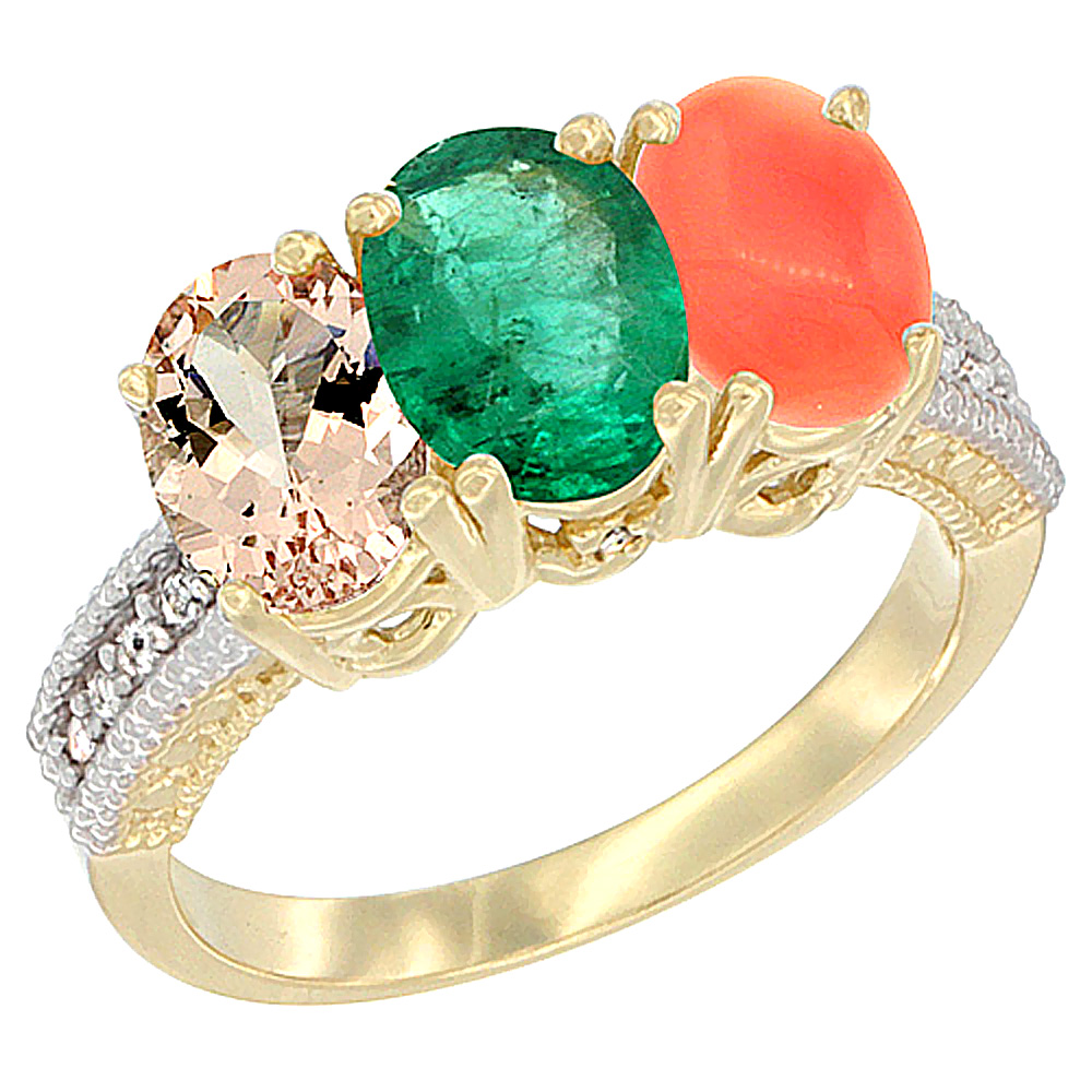 14K Yellow Gold Natural Morganite, Emerald &amp; Coral Ring 3-Stone Oval 7x5 mm Diamond Accent, sizes 5 - 10